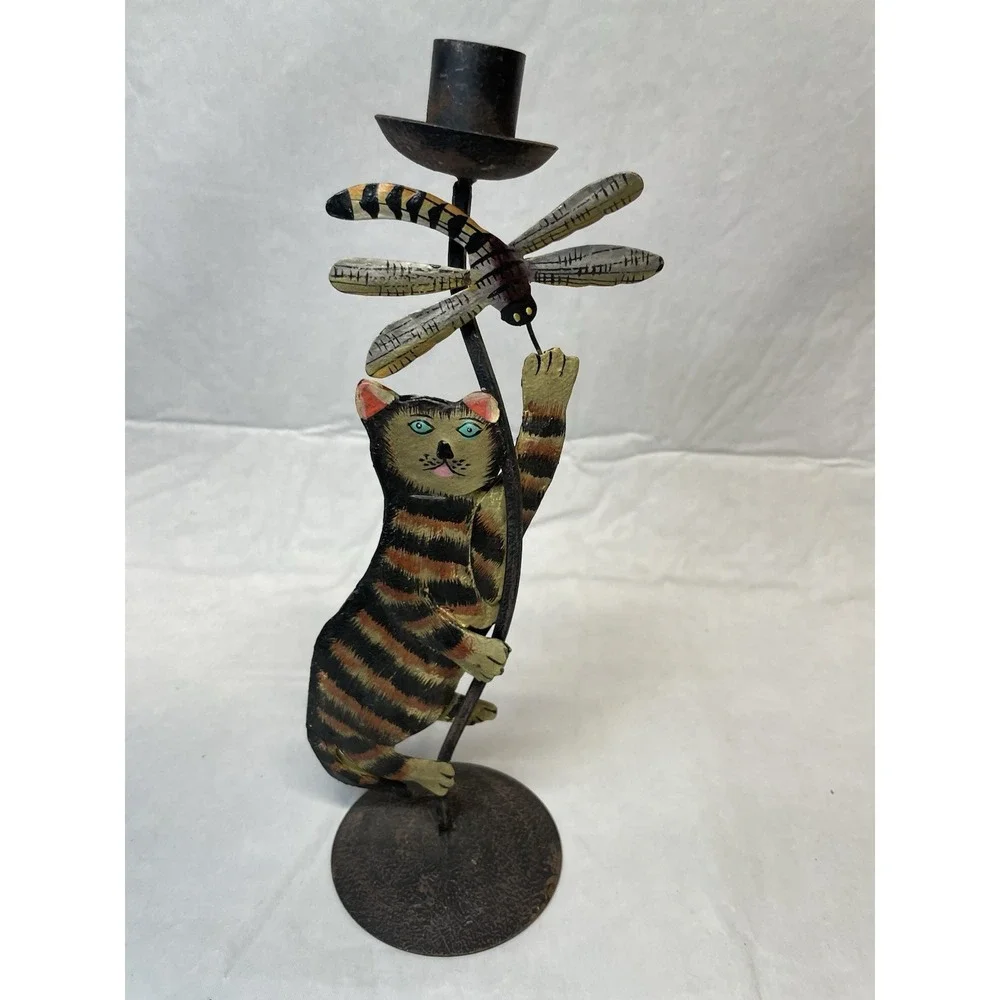 VTG Hand painted Metal 3-D Tabby Cat Dragonfly Candelabra 12