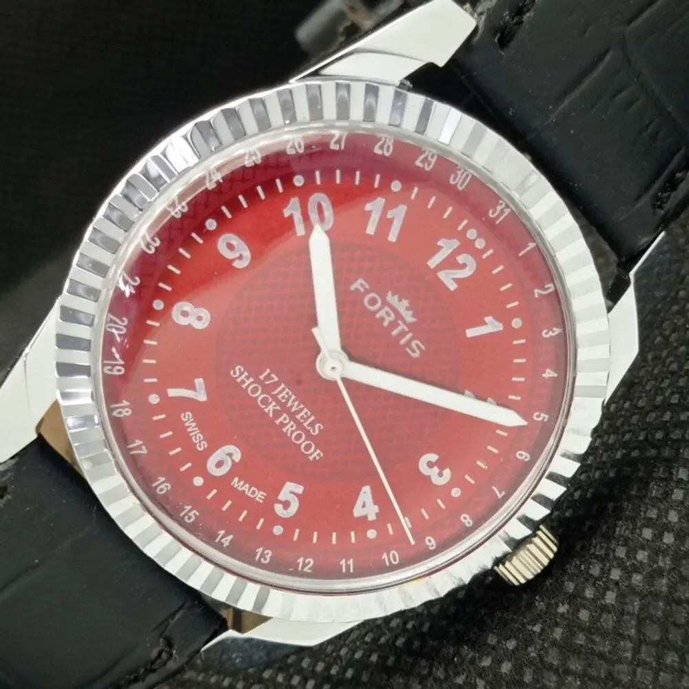 Vintage 1976 Fortis Manual Mens Silver Watch W/Leather Strap & Red accents
