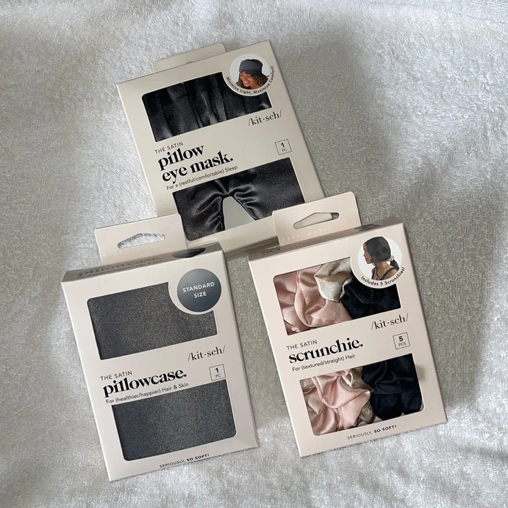 New /kit•sch/ Satin scrunchie 5pk, satin pillow eye mask and satin pillowcase