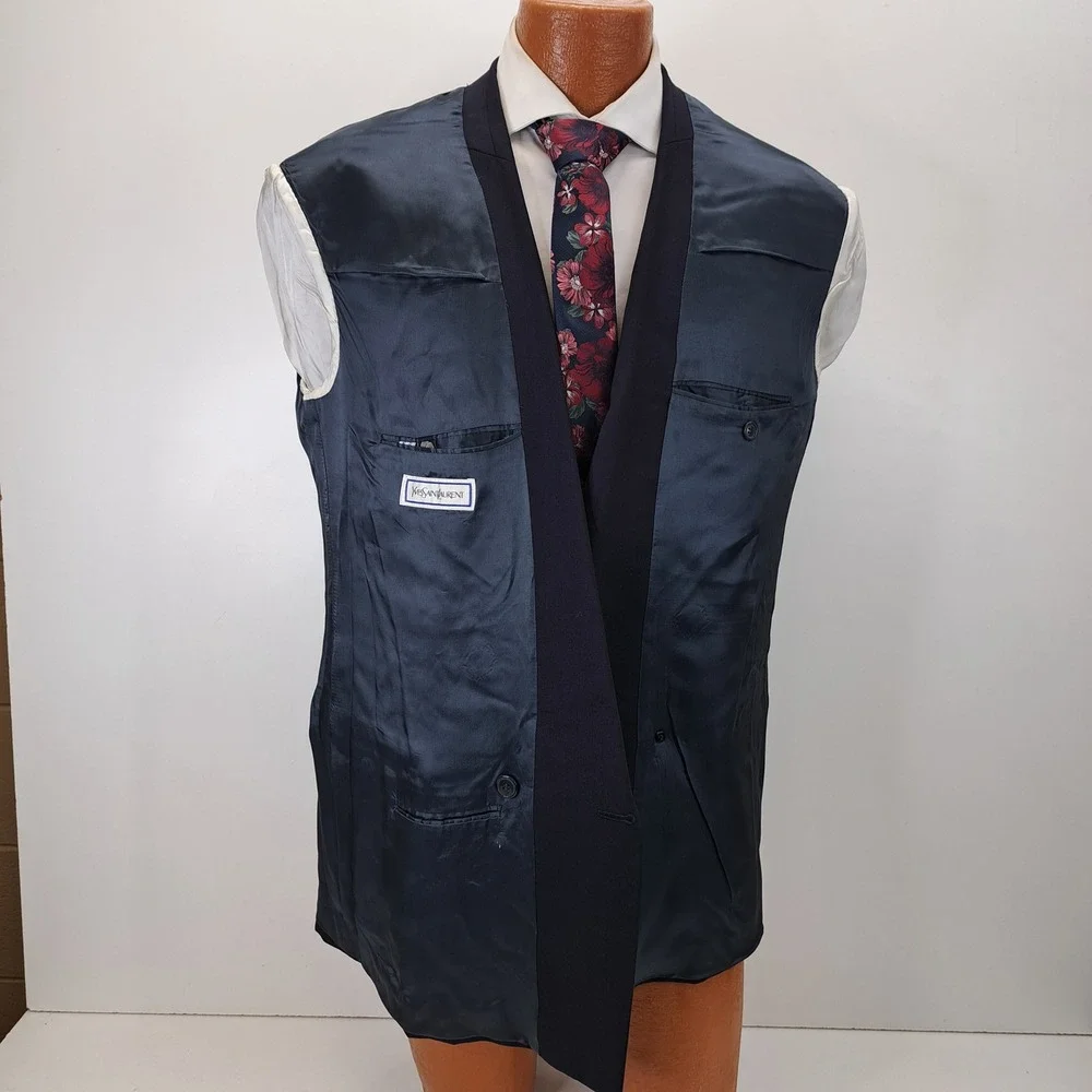 Yves Saint Laurent Mens Blazer 44R Blue Pure Wool Made in France Double Breasted
