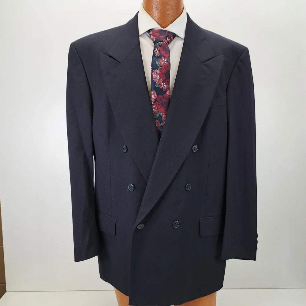 Yves Saint Laurent Mens Blazer 44R Blue Pure Wool Made in France Double Breasted