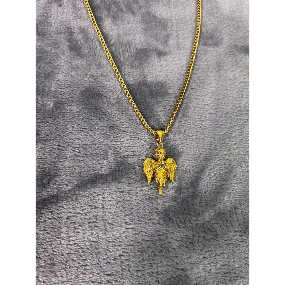 Gold Gods 18K Angel Pendant Necklace Mens Fashion 28 Inch Rope Chain Jewelry
