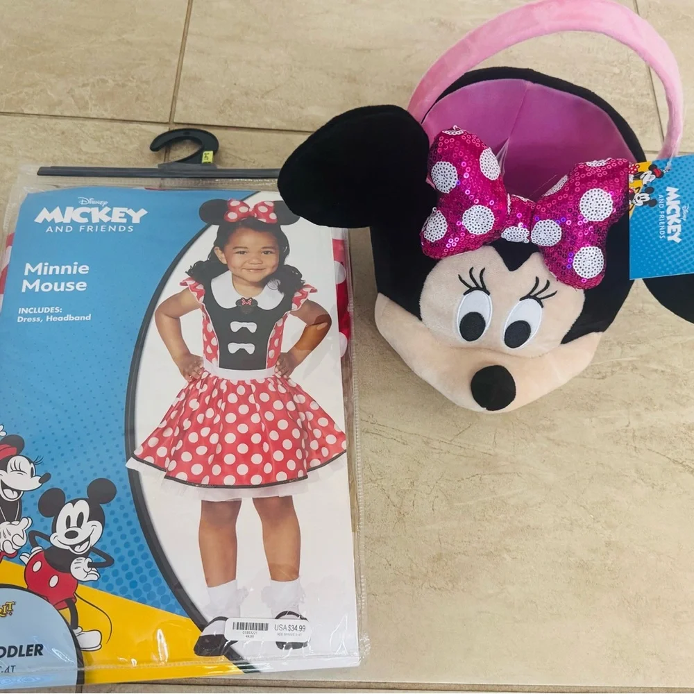 Disney Toddler Minnie Mouse Red Dress and Disney Minnie Mouse Bucket