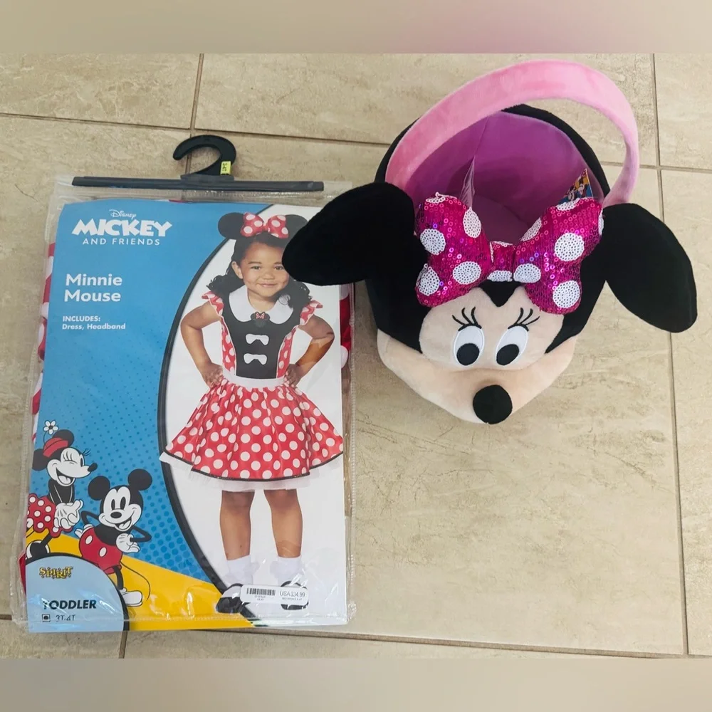 Disney Toddler Minnie Mouse Red Dress and Disney Minnie Mouse Bucket