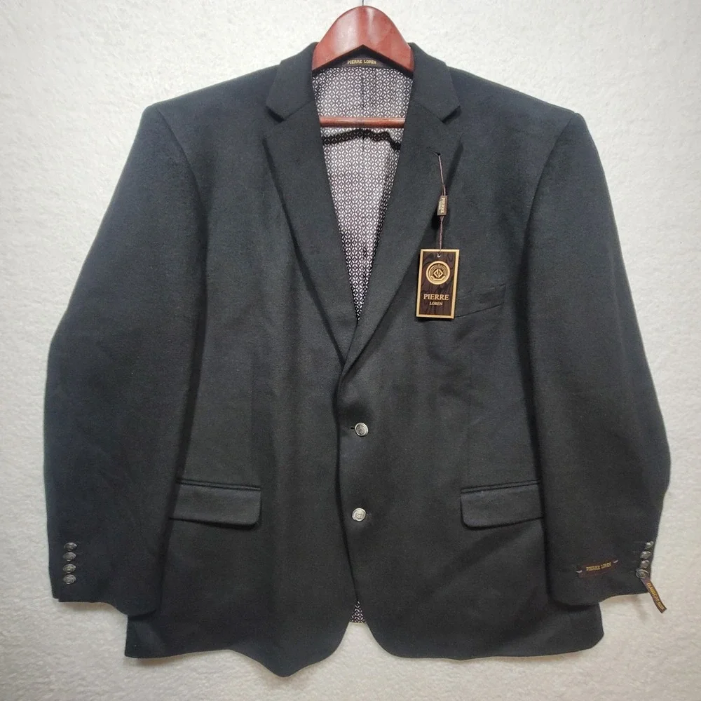 Pierre Loren Blazer Classic Fit Sport Coat Jacket Black 52R W/Suit Bag & Hanger