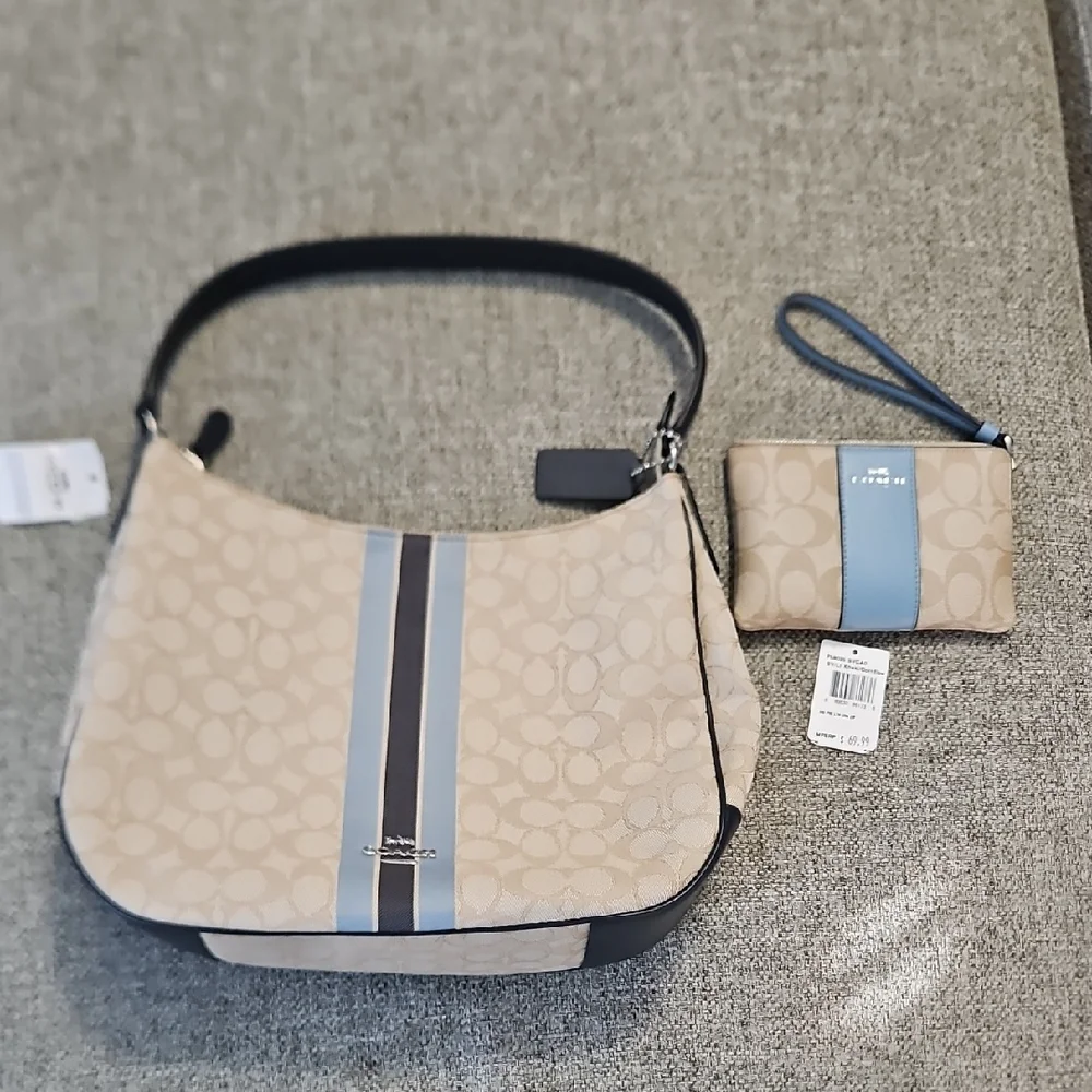 COACH SIGNATURE JACQUARD STRIPE ZIP HOBO F39042 SILVER/KHAKI MULTI Wrislet Inc