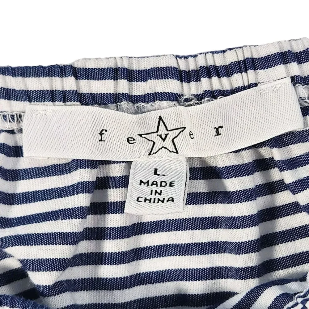 Fever Women's Navy Striped Blouse Large Embroidered Eyelets Boho Peasant Cottage