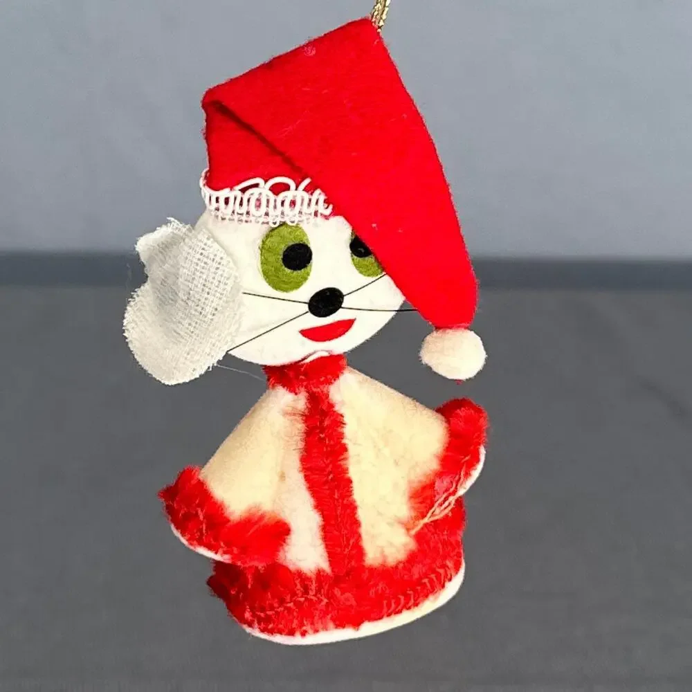 10 VTG 1950s Flocked Felt Christmas Ornaments Mice Cat Snowmen Santa MCM Kitschy