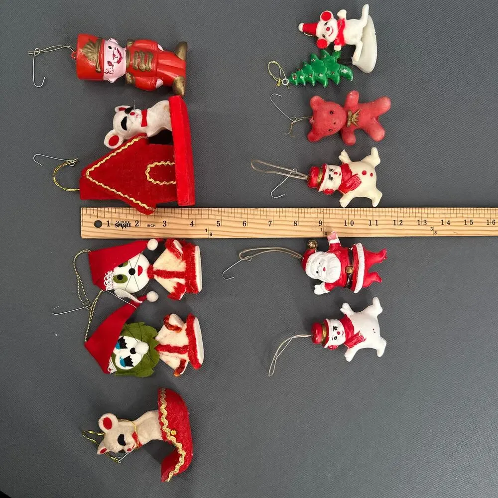 10 VTG 1950s Flocked Felt Christmas Ornaments Mice Cat Snowmen Santa MCM Kitschy