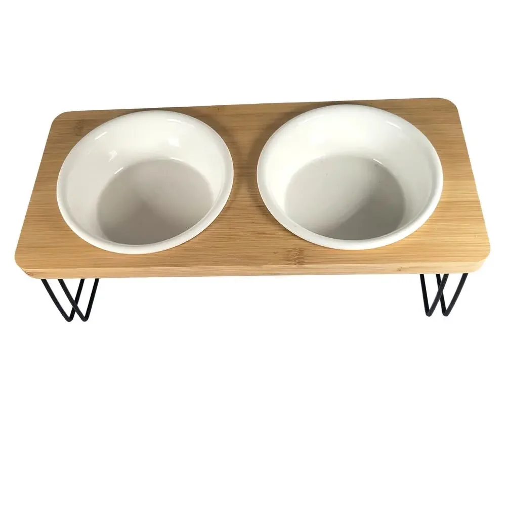Elevated Bamboo Dog Bowl Stand with White Bowls
