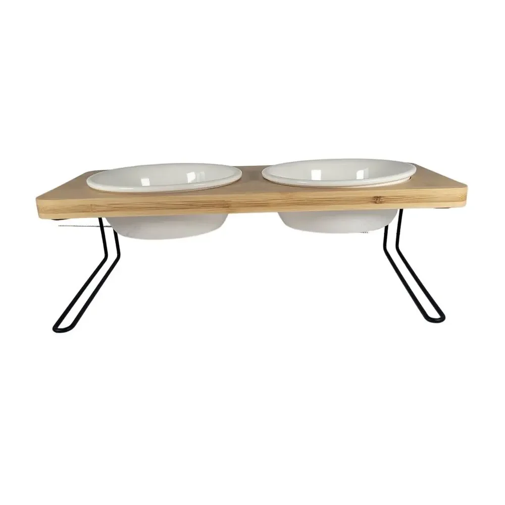Elevated Bamboo Dog Bowl Stand with White Bowls