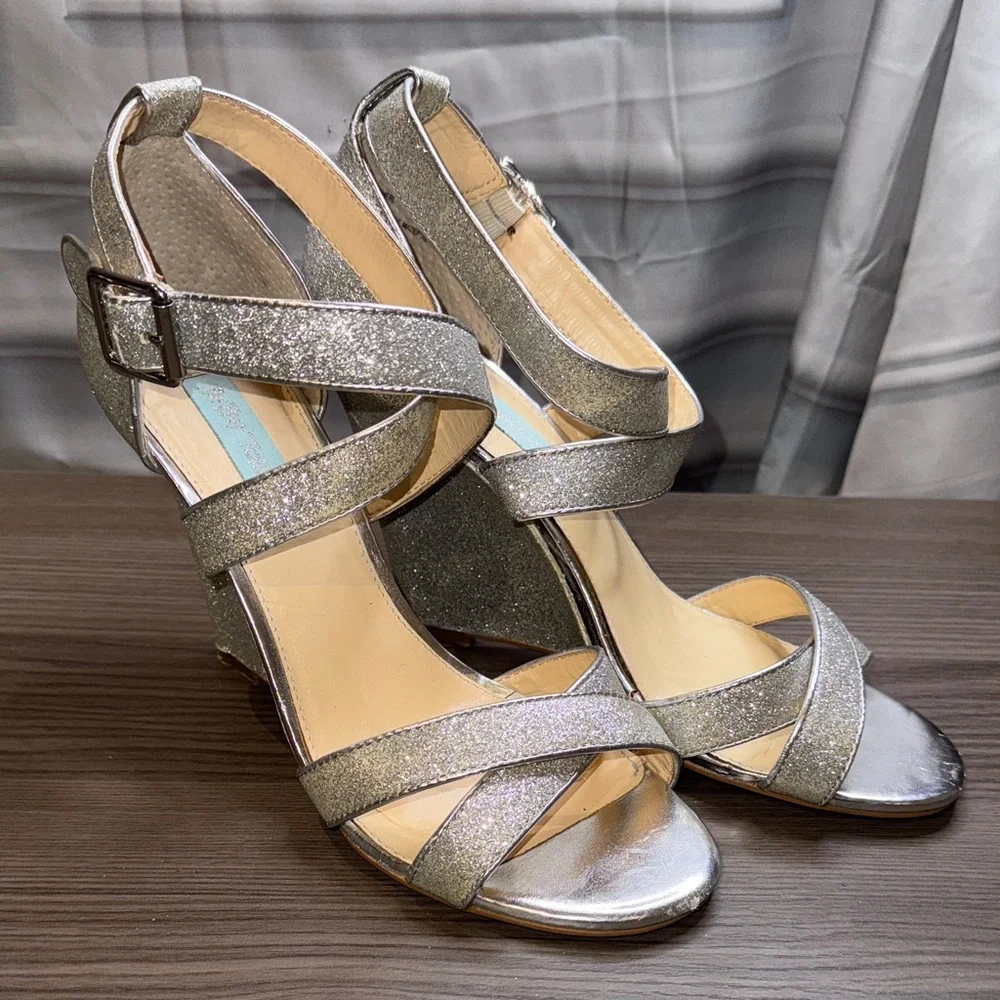 Betsey Johnson Silver Glitter Strappy Heels