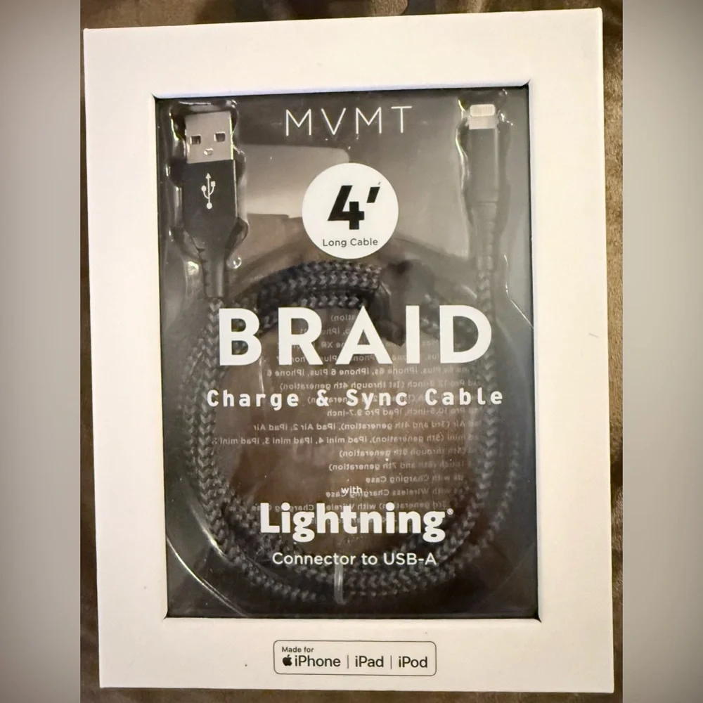 MVMT Braid Lightning Charge and Sync Cable 4 Feet Long Made for iPhone iPad iPod