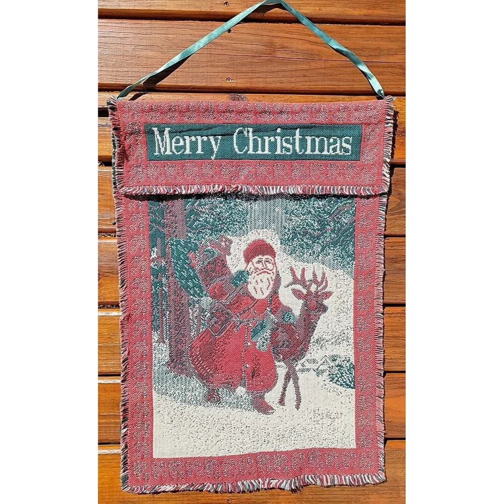 Vintage Christmas Tapestry Woven Wall-Hanging Santa With Reindeer 32x21 WTC 1995