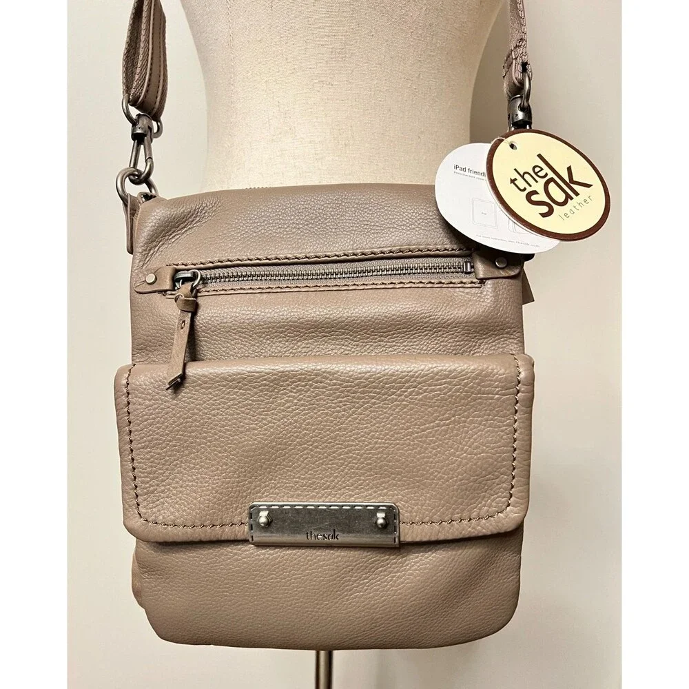 NWT $129 The Sak Taupe 100% Leather Crossbody Purse Parker Bag iPad Friendly