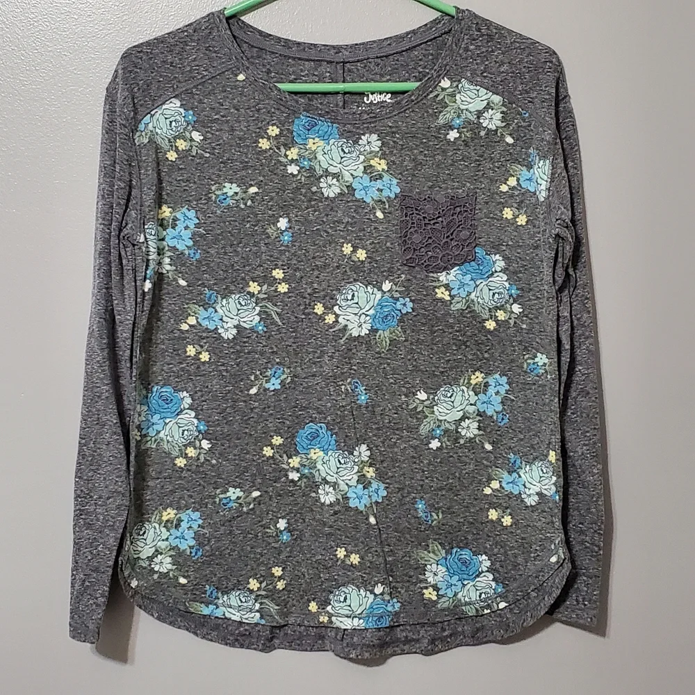 Justice Gray Long Sleeve Tee Shirt Blue Floral Lace Pocket Girls Size 16