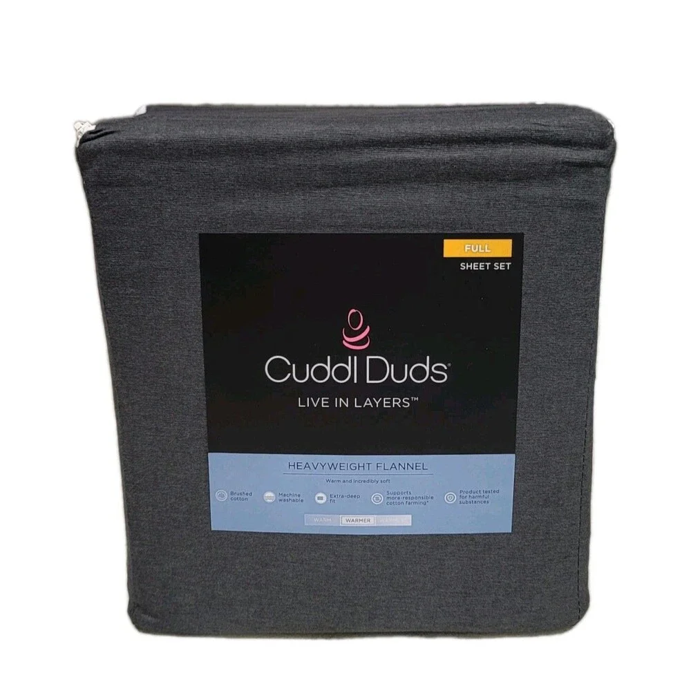 Cuddl Duds Heavyweight Brushed Cotton FULL Flannel Sheet Set Deep Fit Charcoal