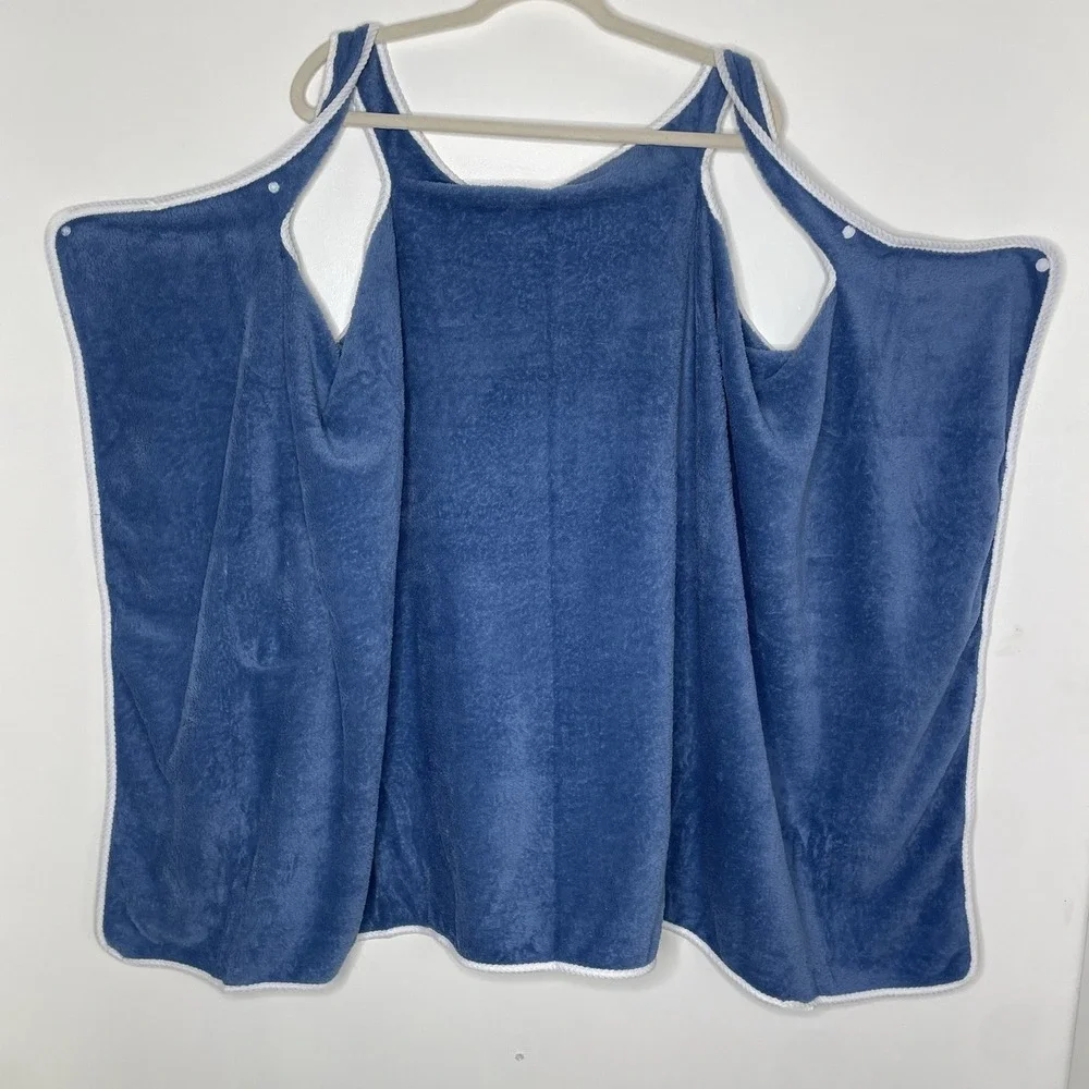 Womens Spa Wrap Soft Terry Cover Up Blue White Trim Pocket One Size (M/L) EUC