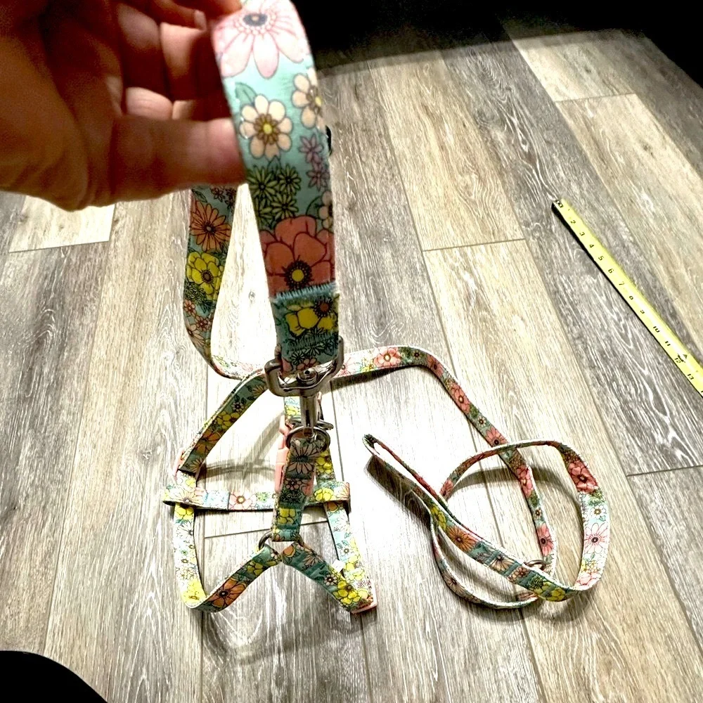 🐶 Small to medium dog pretty flowers printed leashes and harness new condition.