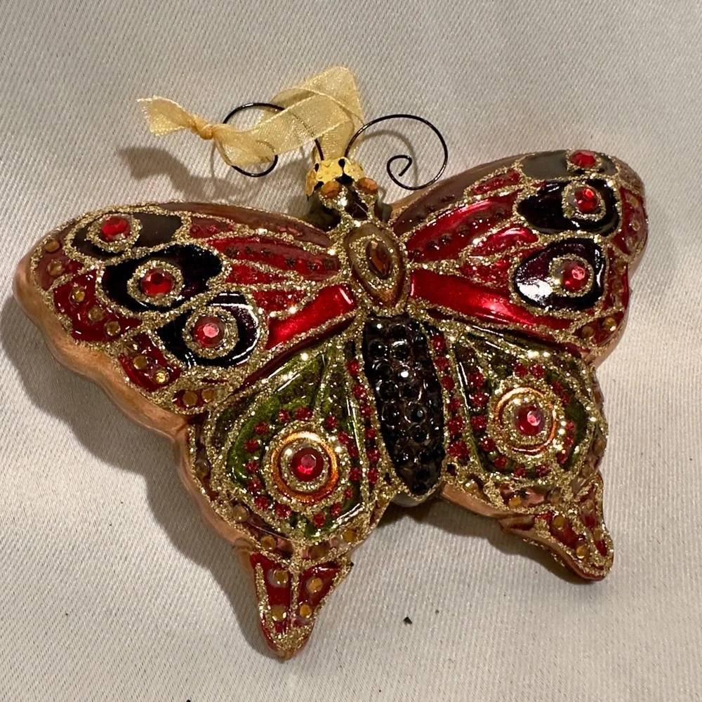 Vintage Blown Glass Butterfly Glitter Coquette Christmas Ornament