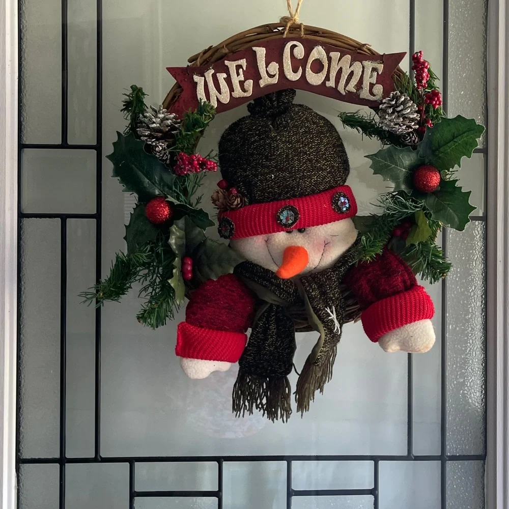 **Holiday Snowman Wreath Welcome Sign For Front Door