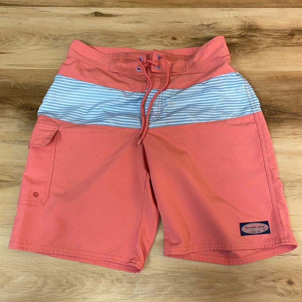 Vineyard Vines Board Shorts Mens 28 Coral Blue Stripe Swim Trunks Drawstring