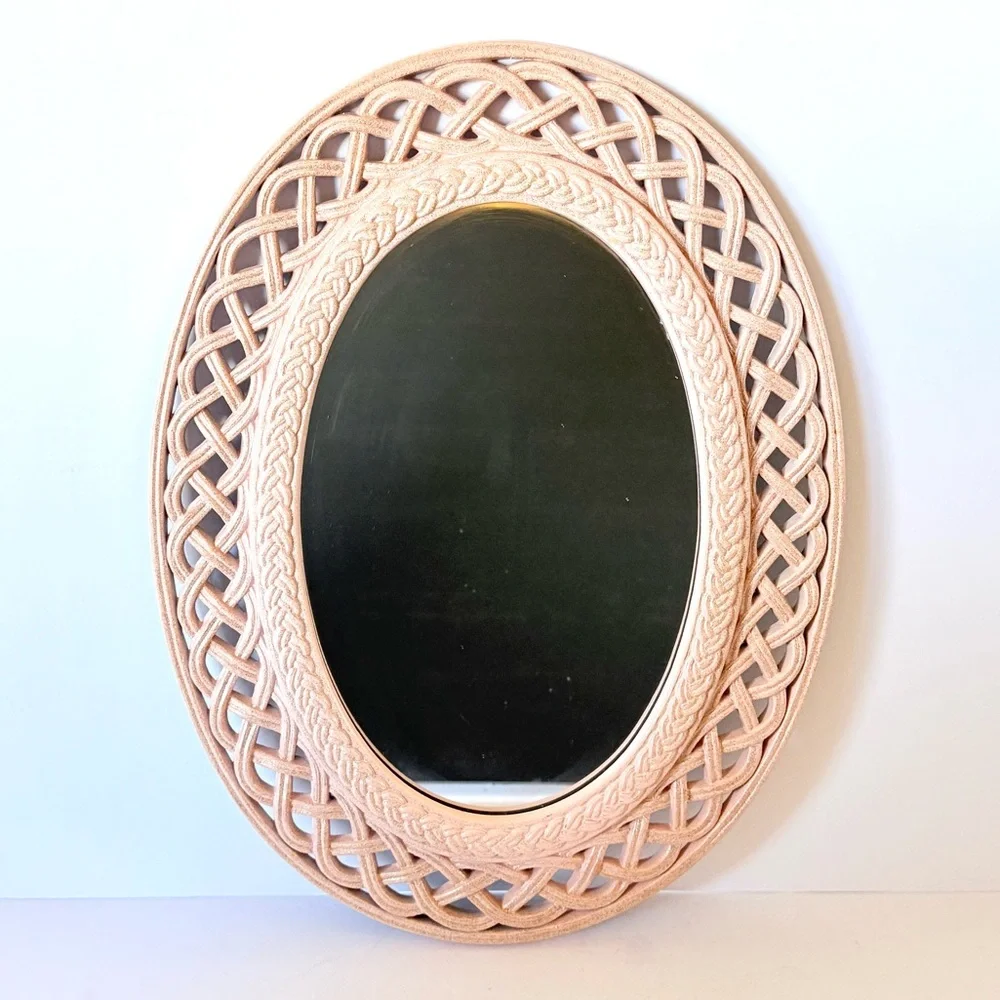 Vintage 1978 Homco Faux Wicker or Rattan Pink Mirror, Dart Industries USA
