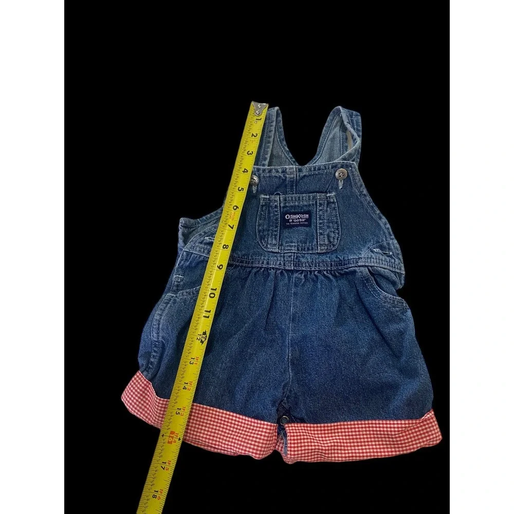 Oshkosh B'Gosh Denim Jean Shortalls Overalls Size 12M Red Gingham Bottom Vintage