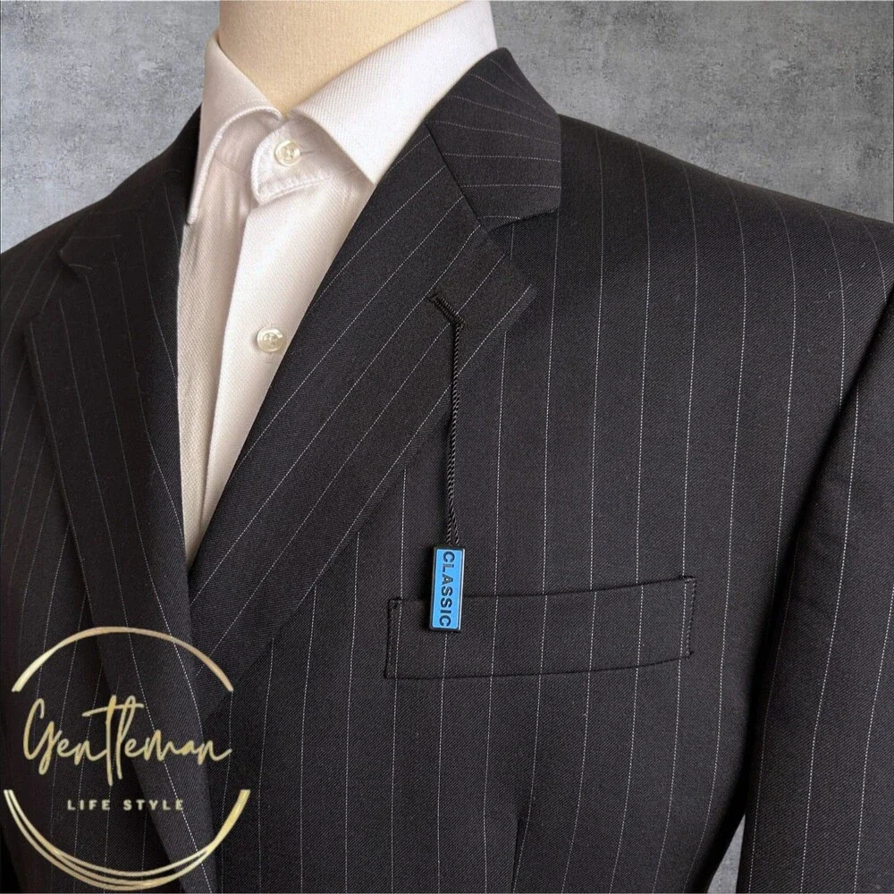 CHAPS Men's 46R Black Wool Striped Blazer Sport Coat Three-Button Jacket Suit