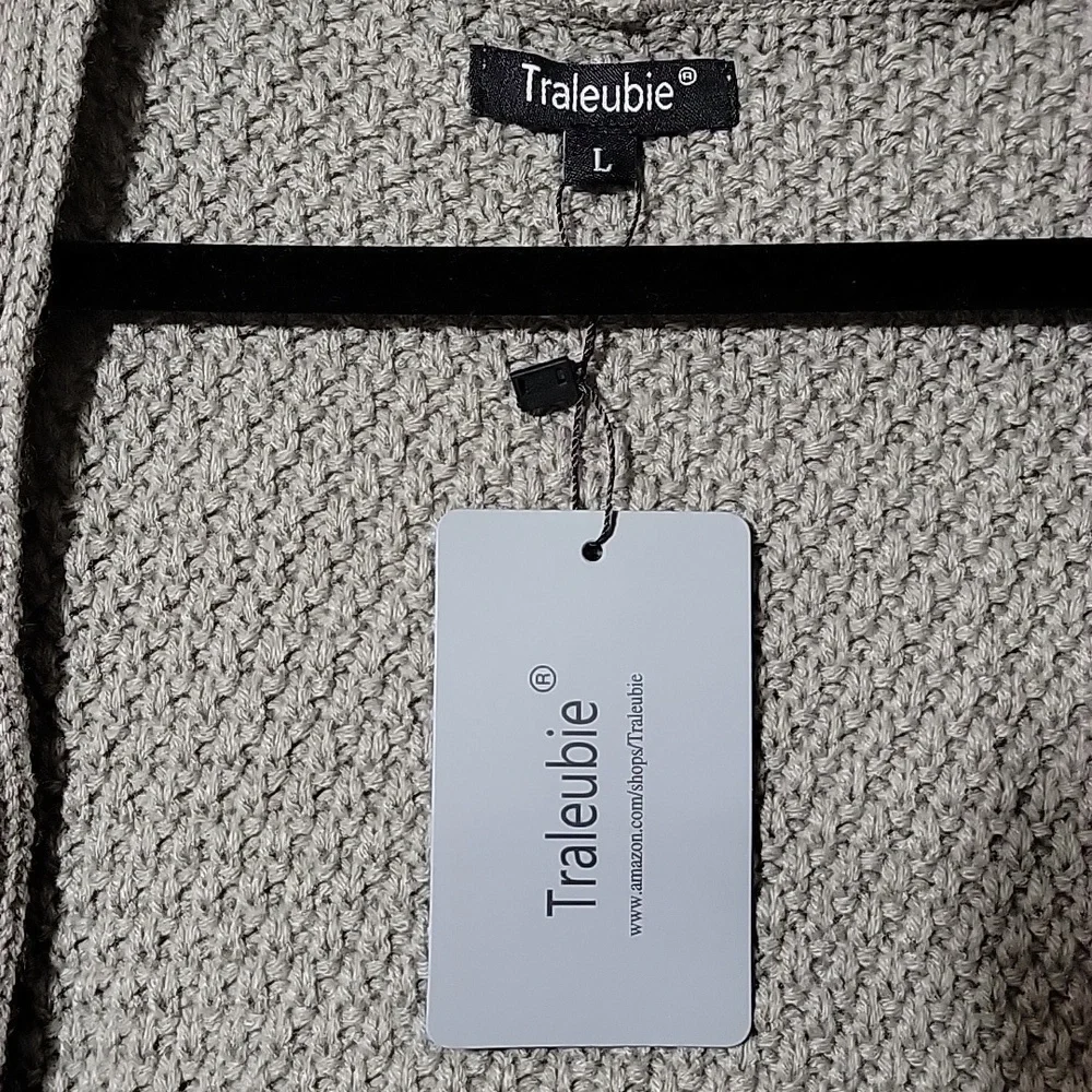 TRALEUBIE oversize cardigan, mixed knits in neutral taupe, Size Large, NWT