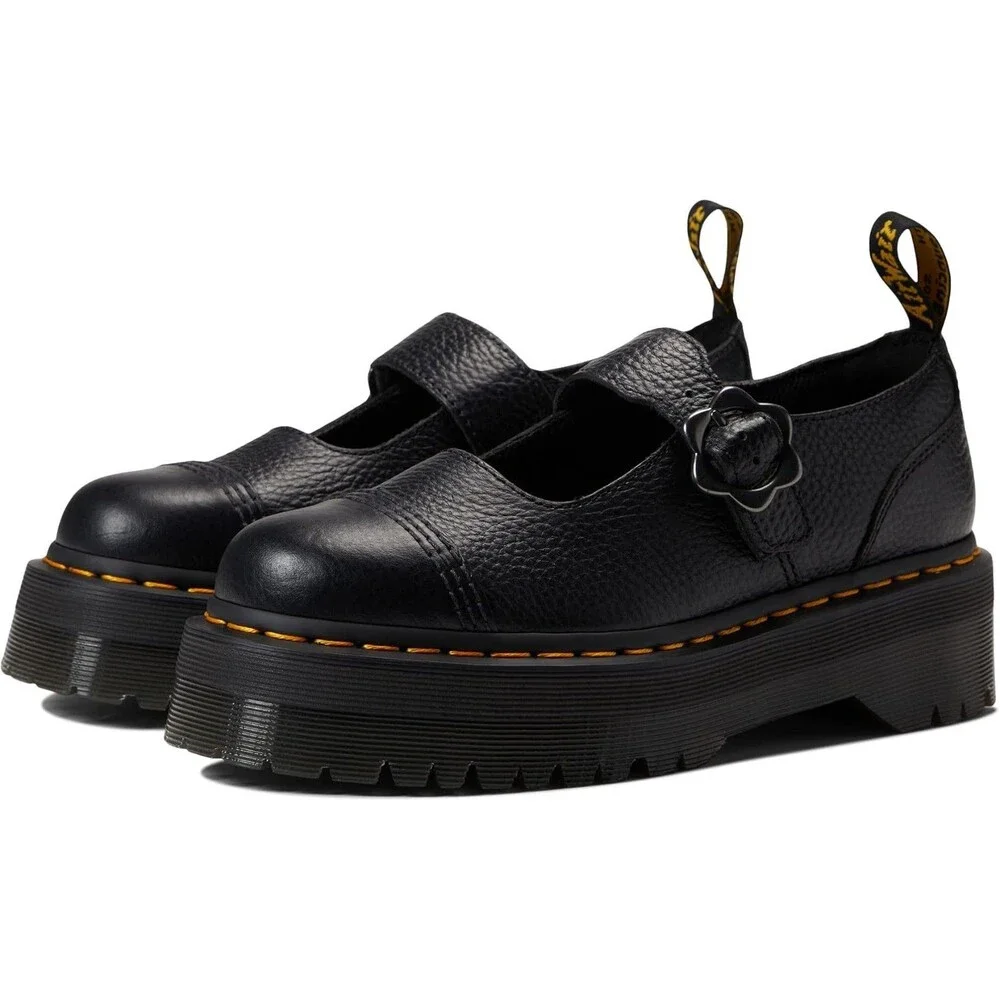 Dr Martens Women Addina Flower Buckle Mary Jane Leather Platform Sandal BLACK 10