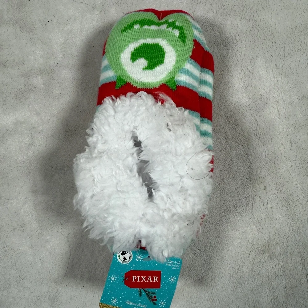 Kids Pixar Mike Wazowski Slipper Socks Sherpa  Red Green Stripe Size 4-10 NEW