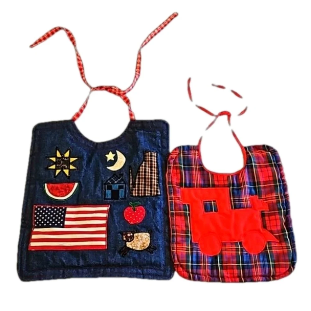 Hand Crafted upcycled bids 2pc-Set double-sided train plaid quilted embroidered