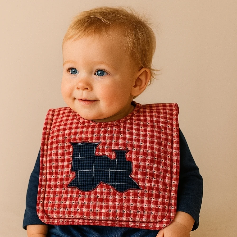 Hand Crafted upcycled bids 2pc-Set double-sided train plaid quilted embroidered