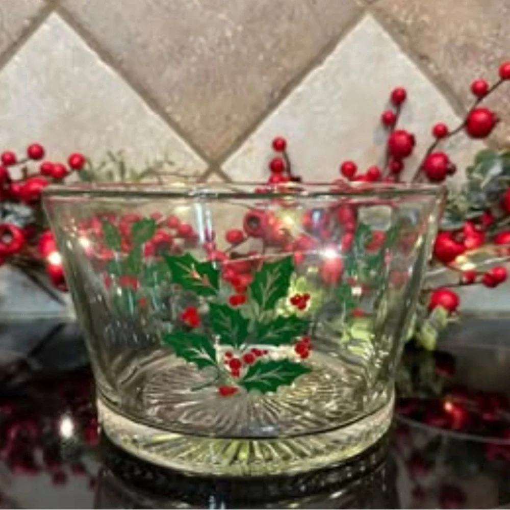 Festive Glass Bowl with Holly Design