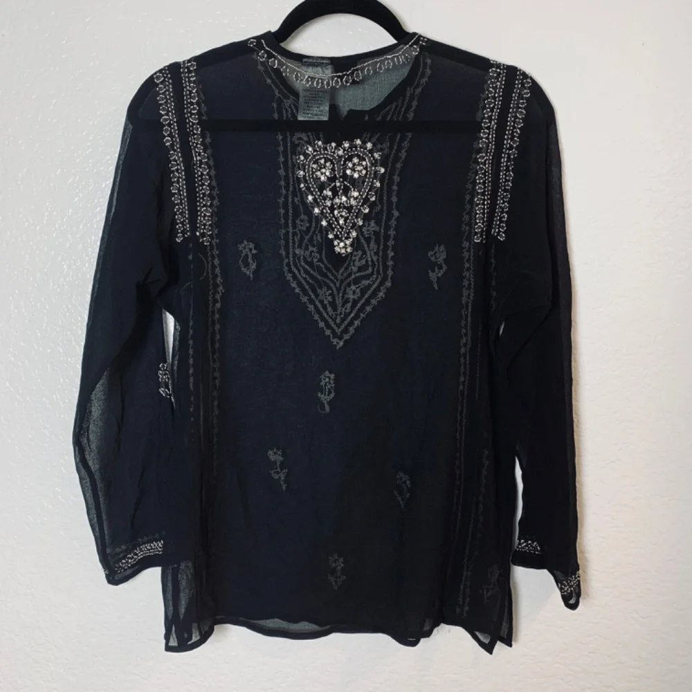 Bila Black SHEER Blouse Medium Embroidered Sequins Whimsigoth Witchy Boho Fairy