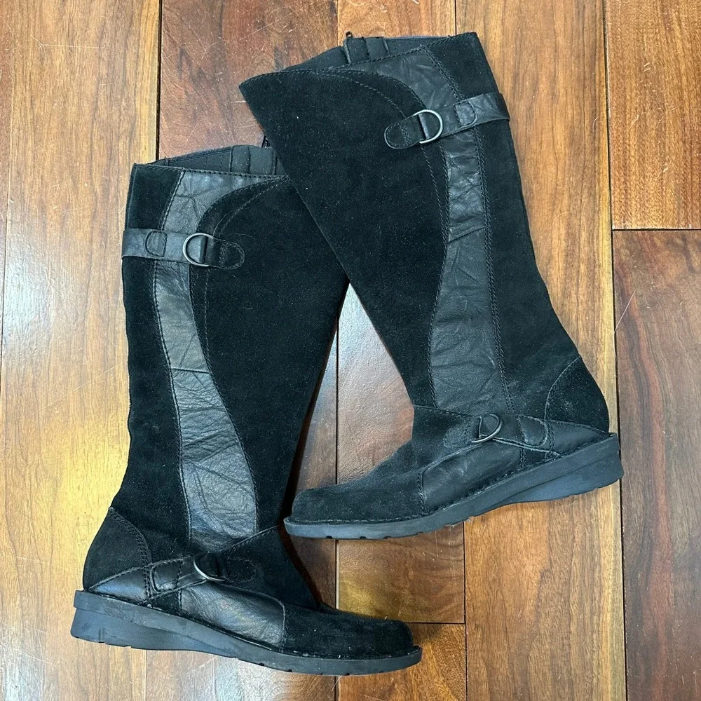 Clarks Womens Boots Knee High 7 Black Leather Riding Buckle Suede Wedge Comfort