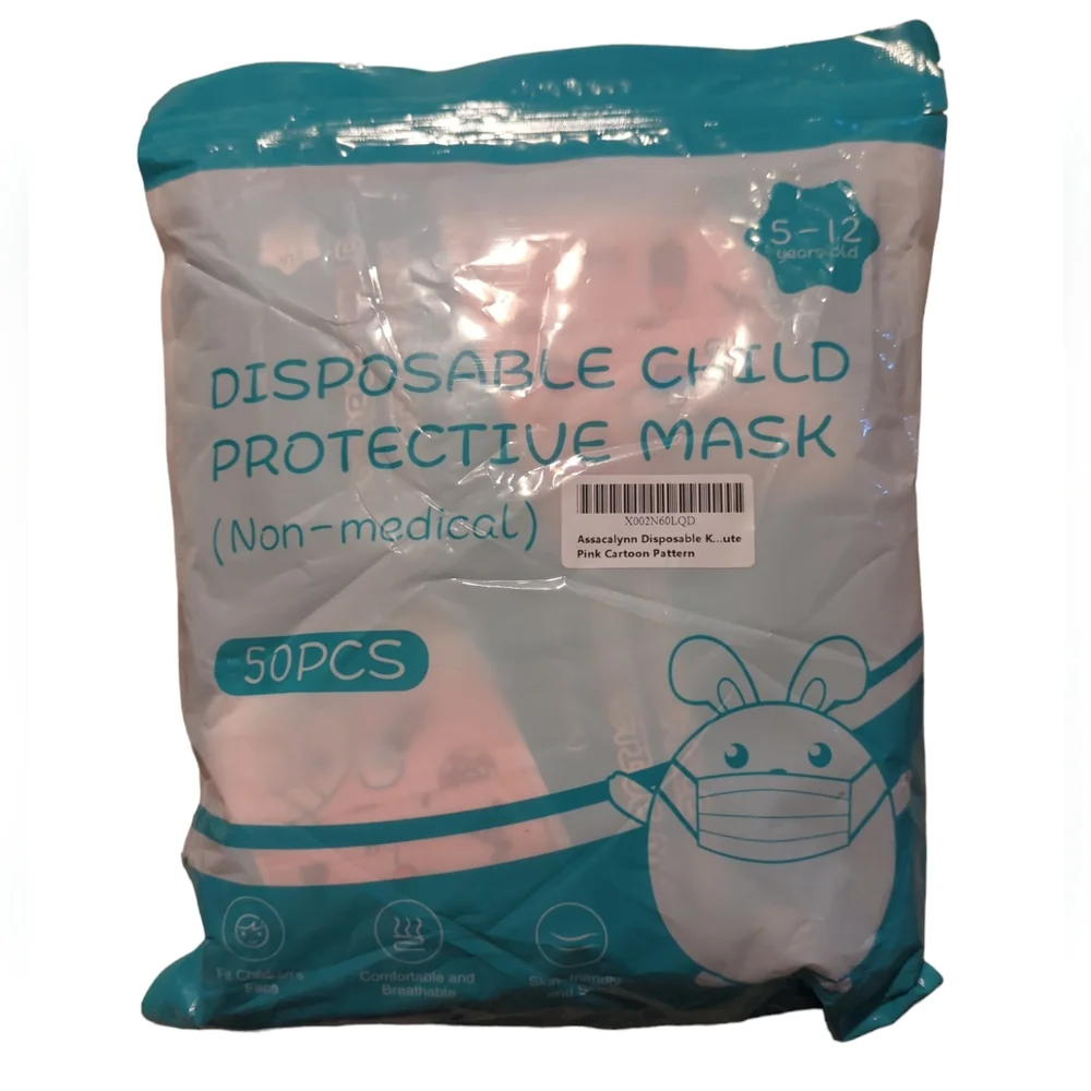 New Assacalynn Disposable Kids Face Mask 50 Pcs Pink 5-12 Years Old.