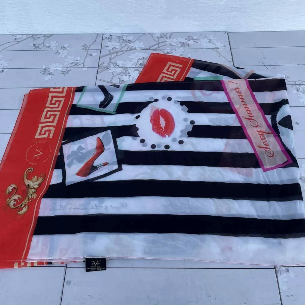 Vintage 1969 Versace Black and White Striped Scarf with Red and Gold Details