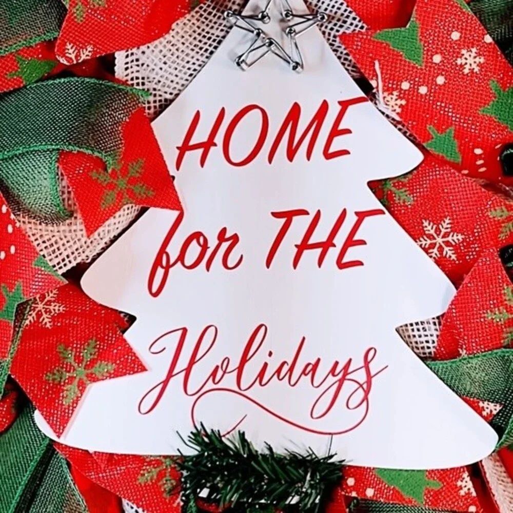 Hand Crafted Burlap Ribbon Wood Sign Home For The Holidays Christmas Wreath 22