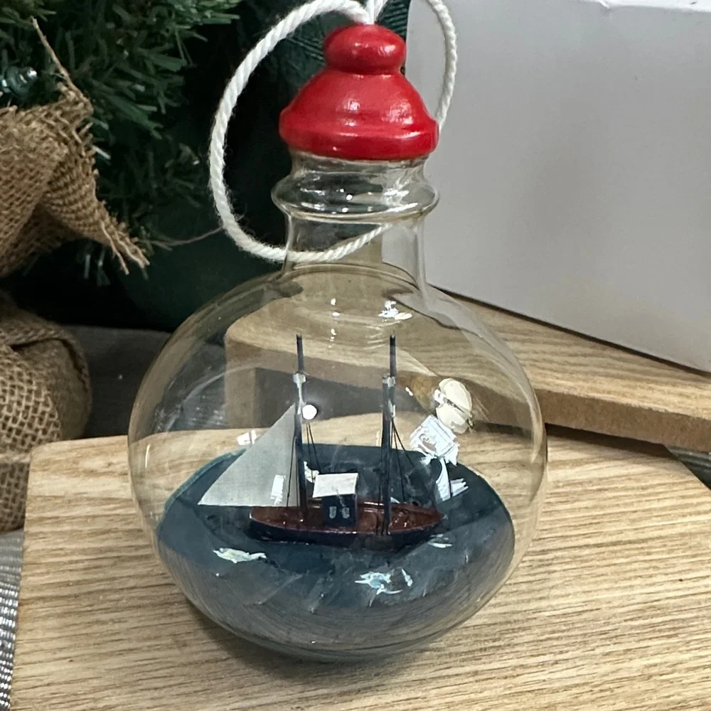 Crate & Barrel Ship-In-A-Bottle Glass Christmas Ornament Nautical
