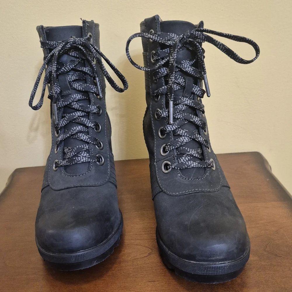 Sorel Lexie Black Leather Lace Up Wedge Boots(7.5)