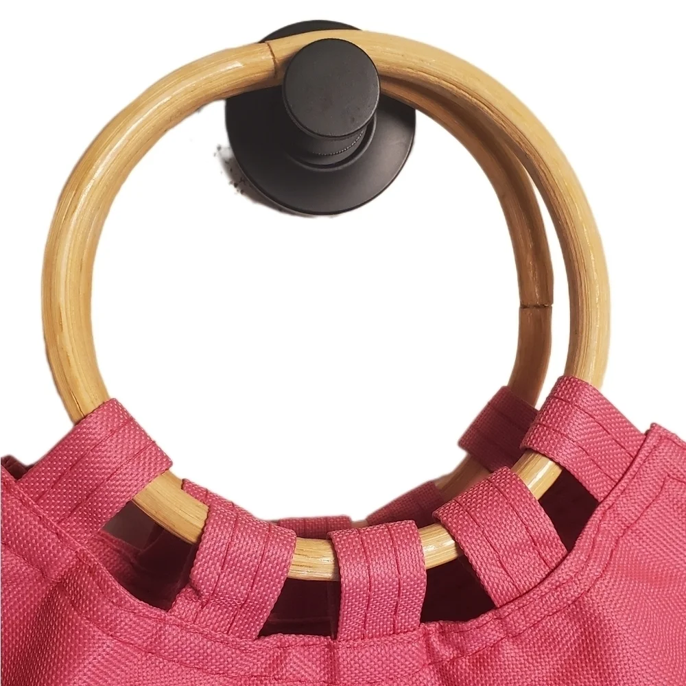 Aruba Canvas Tote with Wood Handles Pink with Colorful Embroidery NWT
