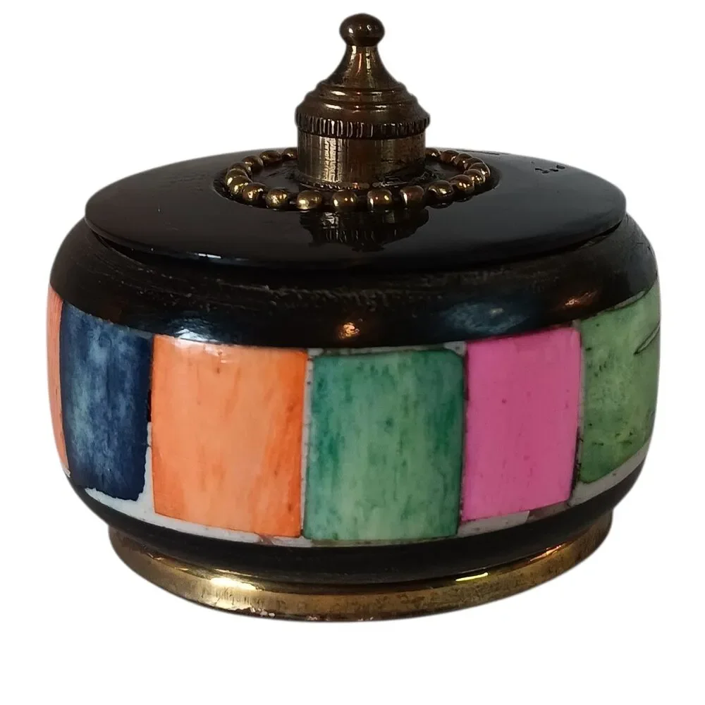 Trinket Box Wood & Brass W/ Multicolor Inlay Rectangle Panels India 2