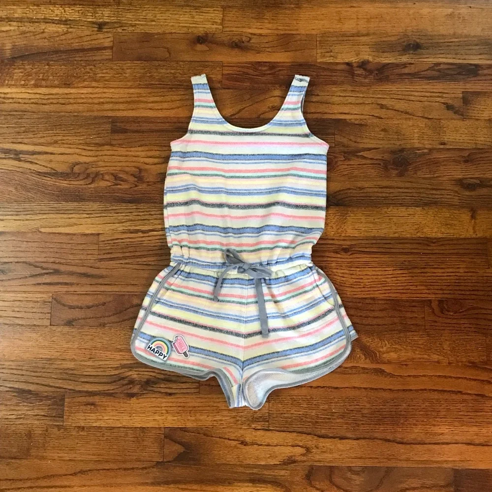 Justice 1 Pc Multicolor Stripe Shorts Romper Happy Rainbow Chill Ice Cream Pocke