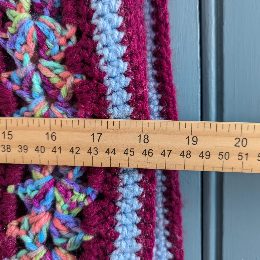 💙 Burgundy Afghan Hand Crochet Multicolor Couch Throw Blanket Rectangle