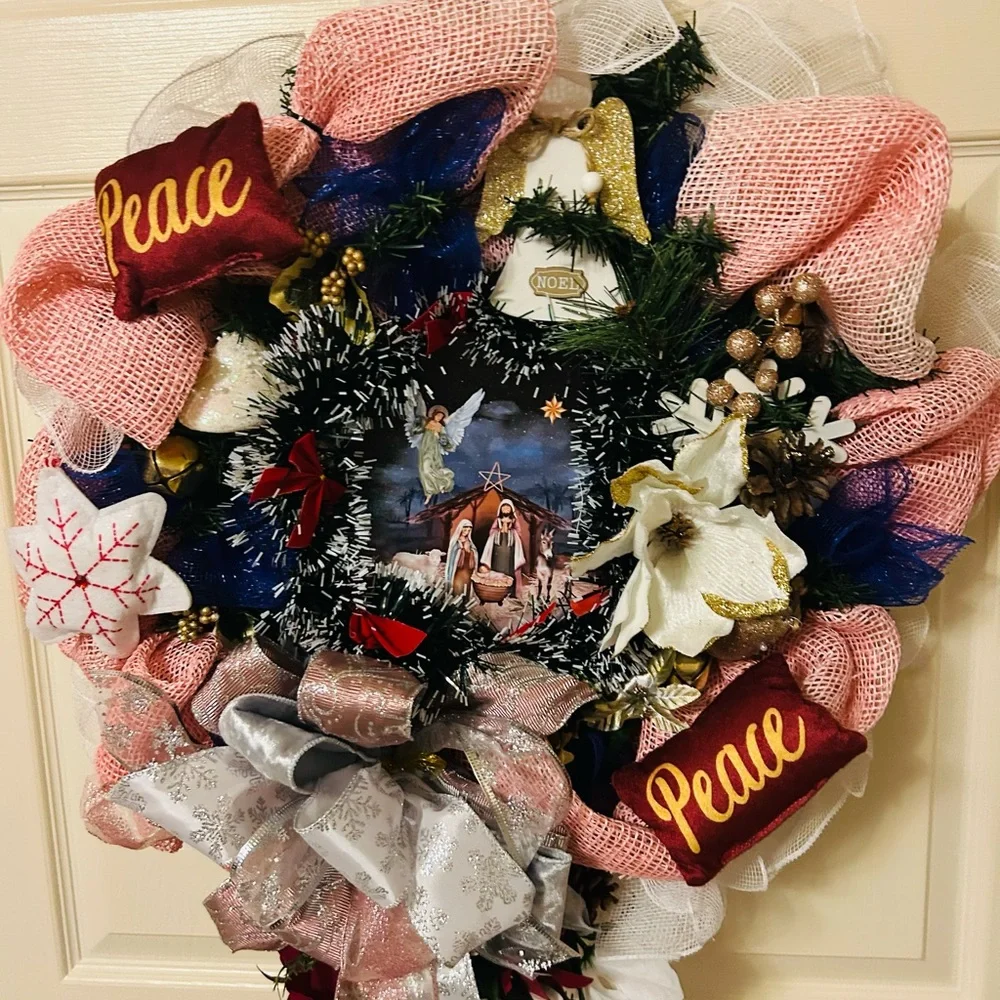 Festive Holiday Wreath with Pink and Gold Accents