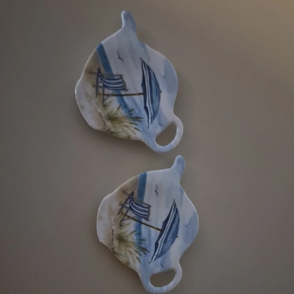 Pair Of Melamine Made In Italy Tea Bag/Spoon Holders Beach Theme