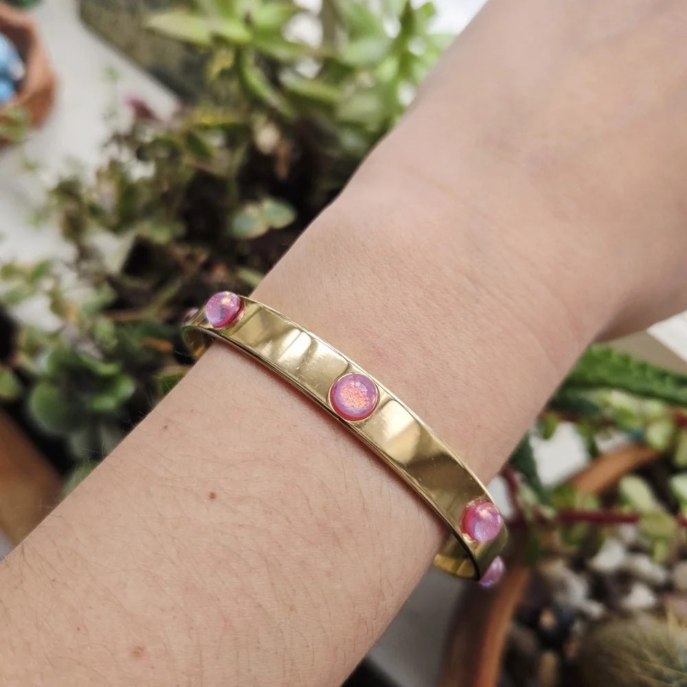 Vintage Gold Pink Triplet Opal Cabochon Bangle Bracelet