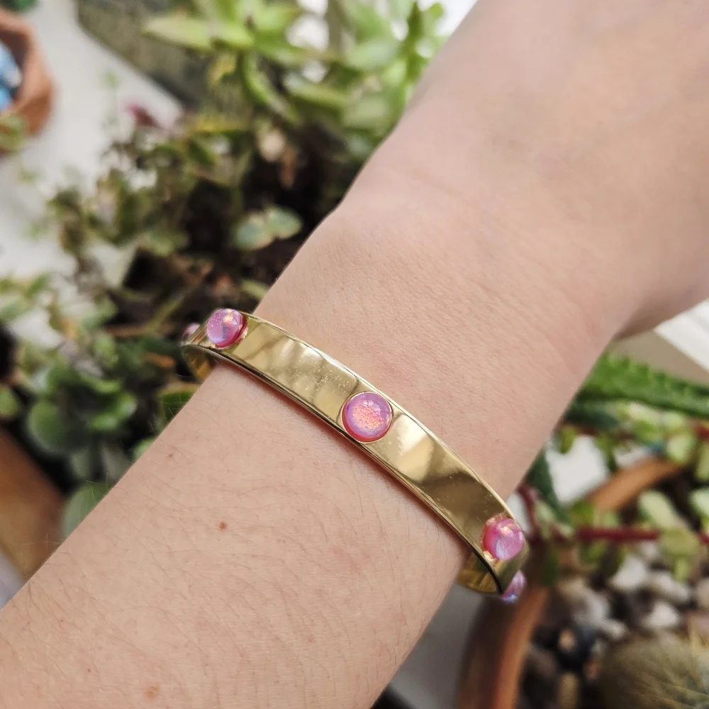 Vintage Gold Pink Triplet Opal Cabochon Bangle Bracelet